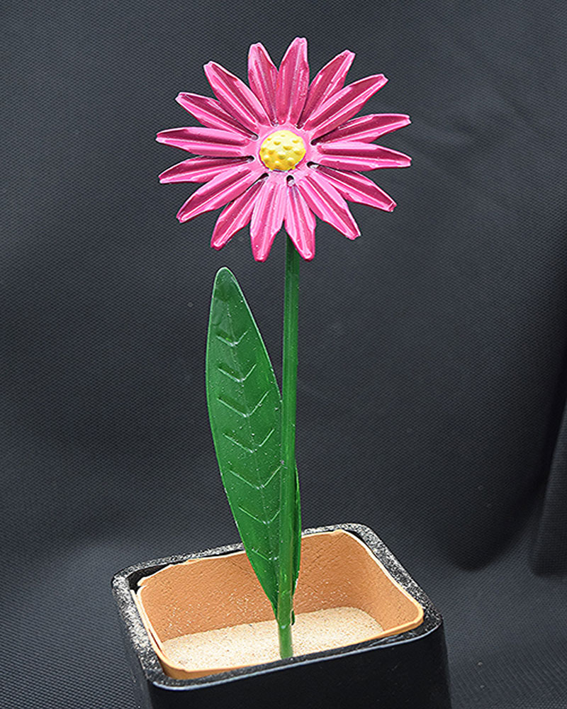 Handcrafted pink metal daisy flower sculpture in a pot by NK Creations